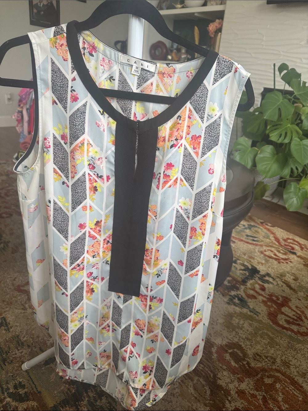 CAbi Floral Chevron Sleeveless Camisole in Black, White, Blue